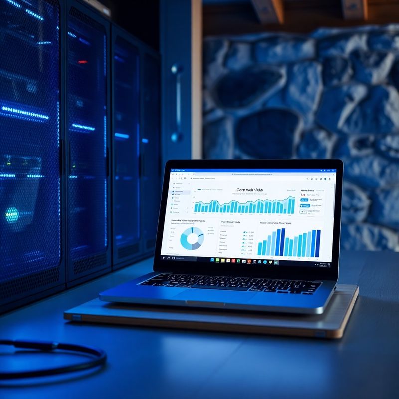 Strežniška oprema in prenosnik s poročilom Core Web Vitals v indigo tonih