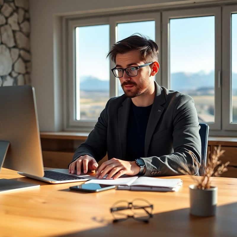 Osredotočen SEO specialist za minimalistično indigo mizo z razgledom na Prekmurje